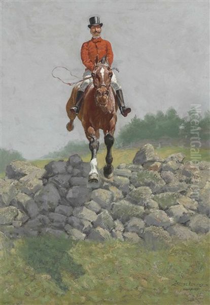 A Hunting Man (in Full Pursuit: H.l. Herbert Taking A Wall) Oil Painting by Frederic Remington