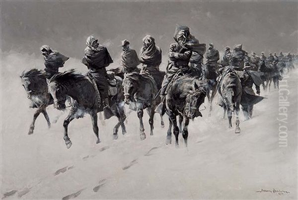 Thirty Below And A Blizzard Raging Oil Painting by Frederic Remington