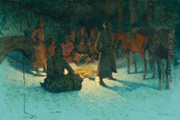 A Halt In The Wilderness (halt To Warm; Halt Of A Cavalry Patrol To Warm) Oil Painting by Frederic Remington