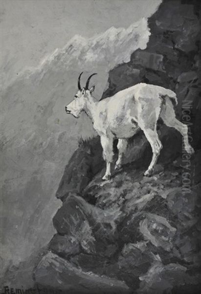 The White Goat At Home (mountain Goat On A Rocky Ledge; Rocky Mountain Goat) Oil Painting by Frederic Remington