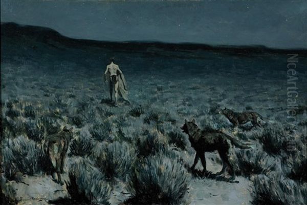 The Wolves Sniffed Along The Trail But Came No Nearer Oil Painting by Frederic Remington