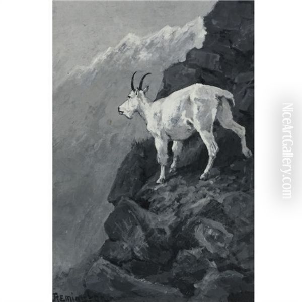 The White Goat At Home (mountain Goat On A Rocky Ledge; Rocky Mountain Goat) Oil Painting by Frederic Remington