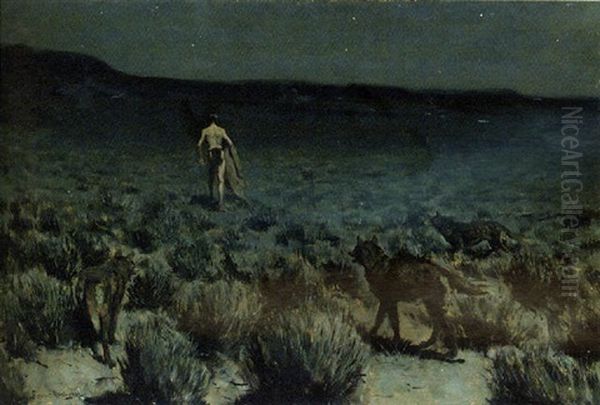 The Wolves Sniffed Along On The Trail, But Came No Nearer Oil Painting by Frederic Remington