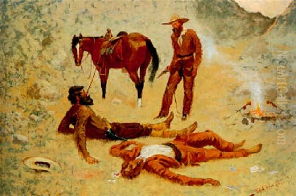 He Lay Where He Had Been Jerked, Still As A Log (jerked Down) Oil Painting by Frederic Remington