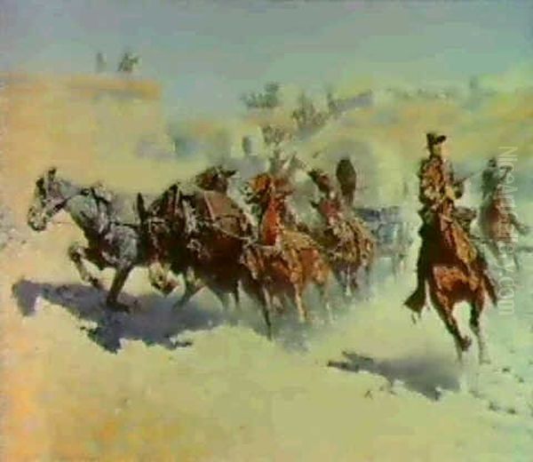 Attack On The Supply Wagons Oil Painting by Frederic Remington