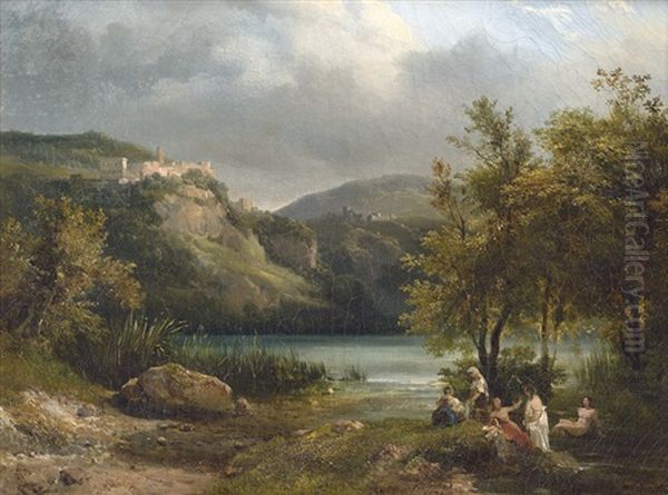 Badende Am Lago Di Nemi Mit Blick Auf Die Nemi Oil Painting by Jean Charles Joseph Remond