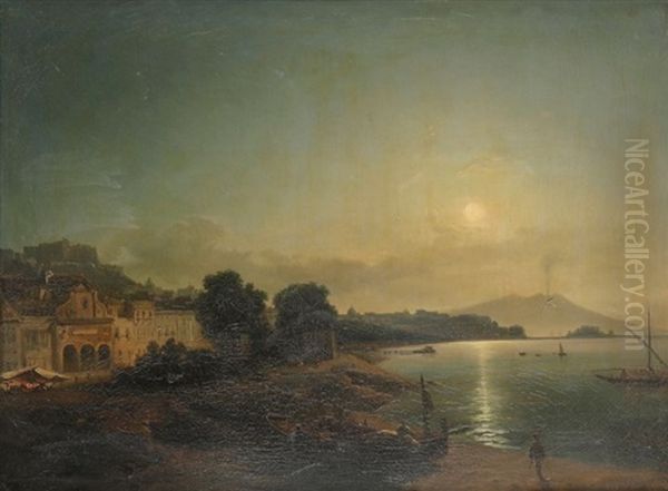 Vue De La Baie De Naples Au Clair De Lune Oil Painting by Jean Charles Joseph Remond