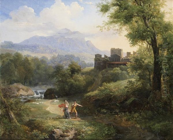 Figures Collecting Water In A Classical Landscape Oil Painting by Jean Charles Joseph Remond