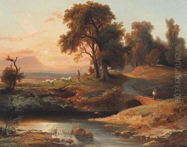 Sudliche Landschaft Mit Staffage Im Abendrot Oil Painting by Jean Charles Joseph Remond