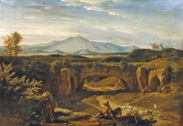 Paysage Napolitain Anime De Paysans Et Vue Sur Le Vesuve Oil Painting by Jean Charles Joseph Remond