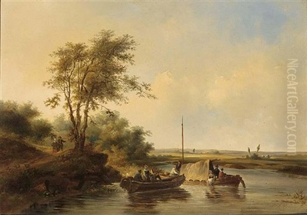 A River Landscape With Boats Oil Painting by Jean Charles Joseph Remond