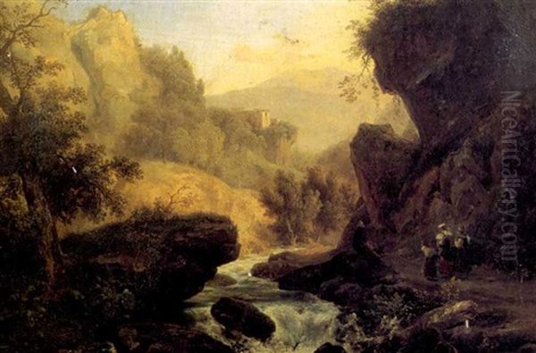 Torrent Dans Un Paysage De Montagne Anime De Paysannes Oil Painting by Jean Charles Joseph Remond