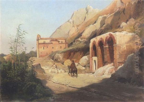 Kirche Und Ruinen In Sudlicher Felsenlandschaft Oil Painting by Jean Charles Joseph Remond