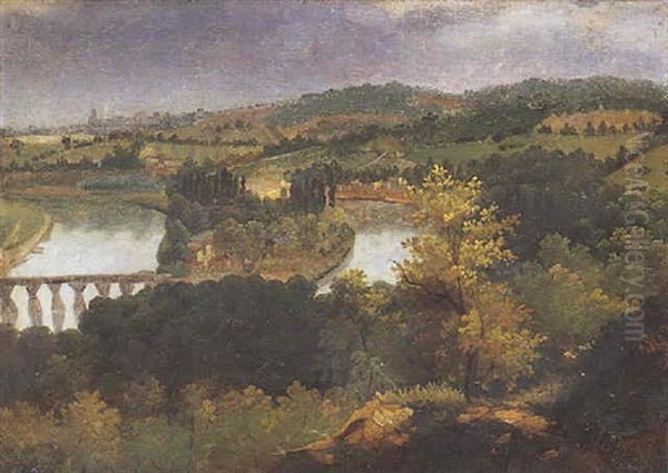 Vue De L'ile Seguin Depuis Le Parc De Saint-cloud Avec Le Vieux Pont De Sevres Oil Painting by Jean Charles Joseph Remond