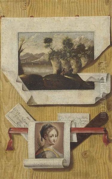 A Tromp L'oeil Of Two Paintings And Two Letters Oil Painting by Andrea Domenico Remps