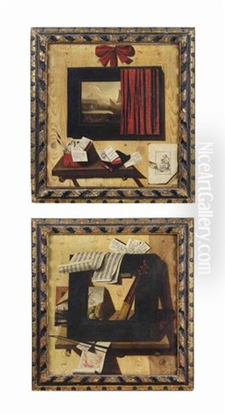 A Trompe L'oeil Of A Picture Frame, A Painting, The Neck Of A Viol... (+ A Trompe L'oeil Of A Painting Partly Covered By A Red Curtain...; Pair) Oil Painting by Andrea Domenico Remps