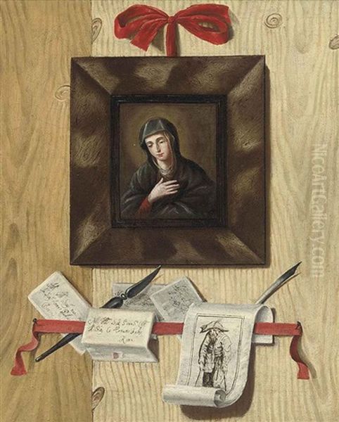 A Trompe L'oeil With A Letter Rack, An Engraving (after Jacques Callot) And A Painting Of The Madonna Oil Painting by Andrea Domenico Remps