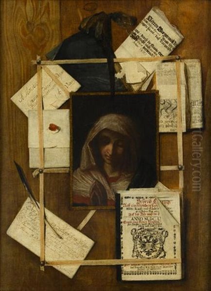 A Trompe L'oeil With Documents, Letter, Book And Painting Of The Madonna (after Giovanni Battista Salvi) Oil Painting by Andrea Domenico Remps