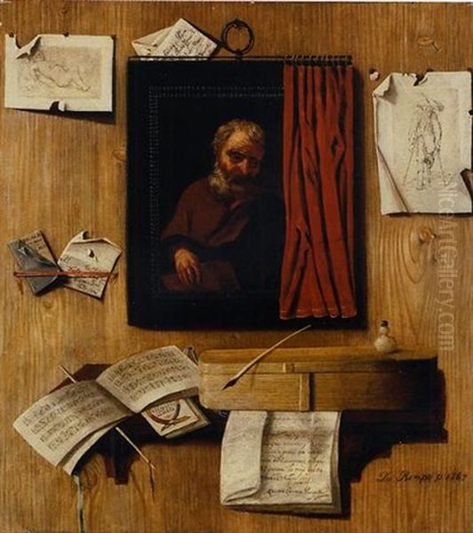 A Trompe-l'oeil With A Partially Covered Painting Of An Apostle, Prints And Letters On A Wall, And Manuscripts, An Inkwell, Quill Pen And Other Objects On A Shelf Oil Painting by Andrea Domenico Remps