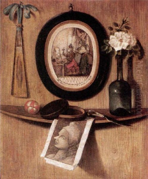 Trompe L'oeil Of Prints, A Fan, A Rose In A Wine Bottle, A Knife, A Pot And A Ball On A Ledge On A Wooden Wall Oil Painting by Andrea Domenico Remps