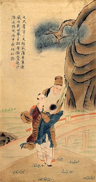 A Fine Chinese Painting Attributed To Ren Ren Fa Oil Painting by  Ren Renfa