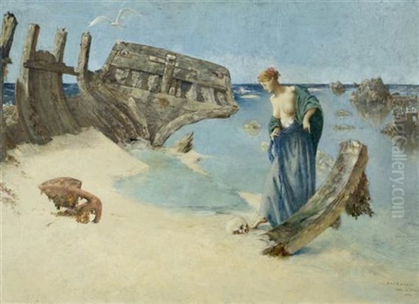 Jeune Fille Contemplant Un Crane Pres D'un Bateau Naufrage Au Bord De La Mer - Ile De Brehat Oil Painting by Cornelius Ary Renan