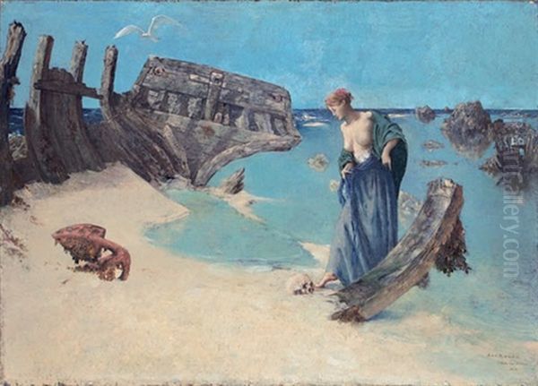 Jeune Fille Contemplant Un Crane Pres D'un Bateau Naufrage Au Bord De La Mer - Ile De Brehal Oil Painting by Cornelius Ary Renan