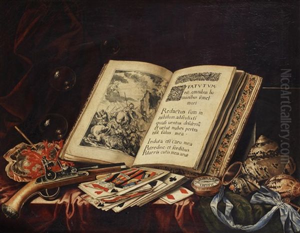 A Still Life Of An Open Book, Bubbles, Coral, A Flintlock Pistol, Playing Cards, A Pocket Watch On A Blue Silk Ribbon And A Variety Of Shells On A Table Draped With A Red And A Green Cloth Oil Painting by Simon Renard De Saint-Andre