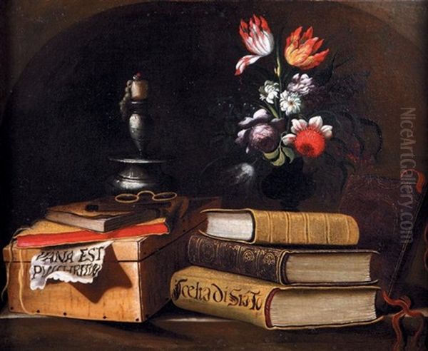 Nature Morte A La Chandelle, Ouvrage Et Vase De Fleurs Sur Un Entablement De Pierre Oil Painting by Simon Renard De Saint-Andre