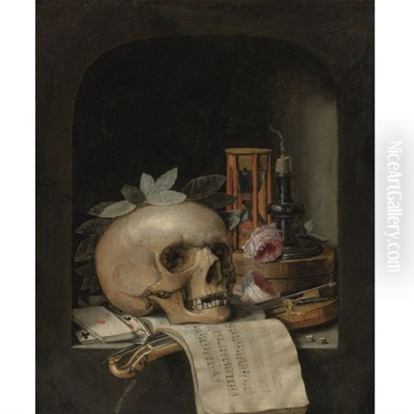 Vanitas Still Life With A Wreathed Skull, A Pochette Violin And Bow, A Deck Of Cards, A Musical Score, A Pair Of Dice, A Box Inscribed Poudre De Civet, Two Roses, An Hourglass And A Snuffed-out Candle In A Stone Niche Oil Painting by Simon Renard De Saint-Andre