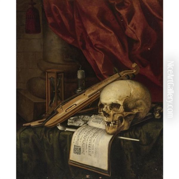 A Vanitas Still Life With A Skull, A Violin, A Musical Score, A Pipe And Tobacco, An Hourglass And A Candle On A Draped Table Oil Painting by Simon Renard De Saint-Andre