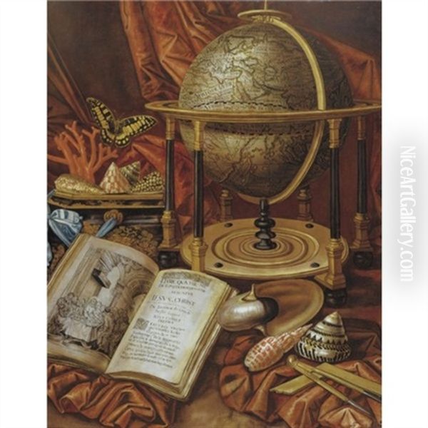 Still Life With A Globe, Books, Shells And Corals Resting On A Stone Ledge Oil Painting by Simon Renard De Saint-Andre