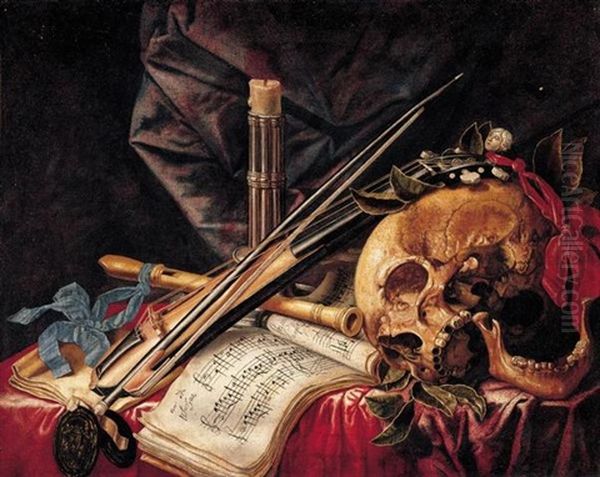 A Vanitas Still Life With A Viol, A Clarinet, A Skull, Sheet Music And A Candle Oil Painting by Simon Renard De Saint-Andre