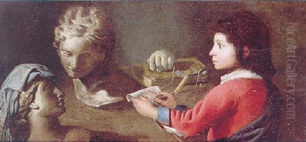 A Young Boy Sketching Classical Busts Oil Painting by Simon Renard De Saint-Andre