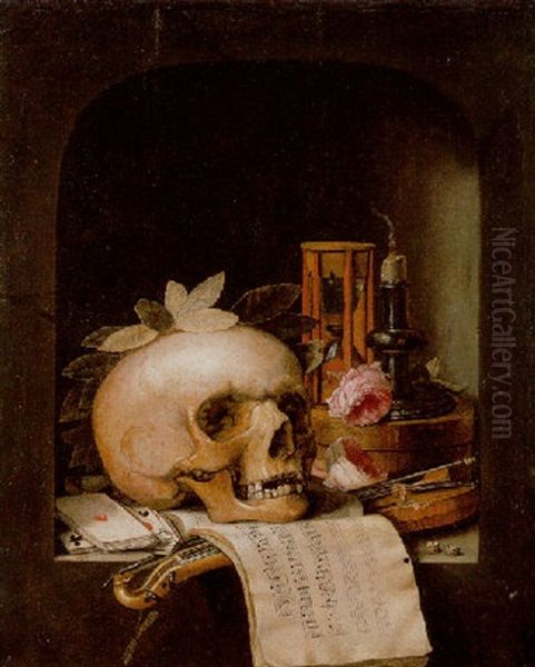 A Vanitas Still Life With A Wreathed Skull, A Pochette Violin, A Bow, A Deck Of Cards With Other Objects In A Niche Oil Painting by Simon Renard De Saint-Andre