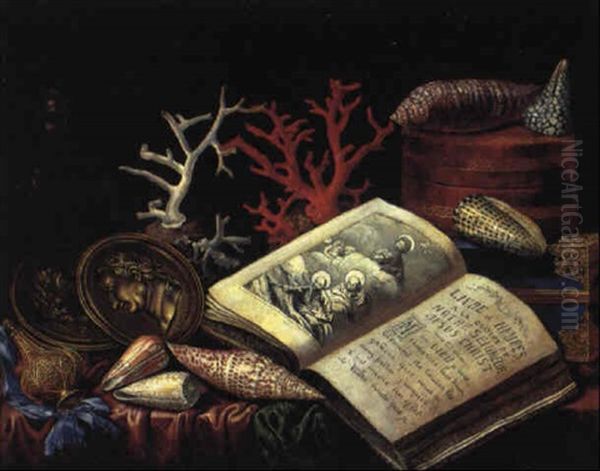 Nature Morte Aux Livres D'heures, Coquillages Et Coraux Oil Painting by Simon Renard De Saint-Andre