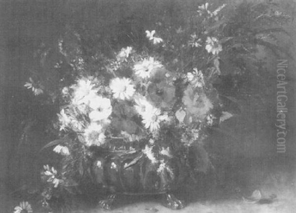 Bouquet De Coquelicots Et Marguerites Dans Un Vase De Cuivre Oil Painting by Camille Renard