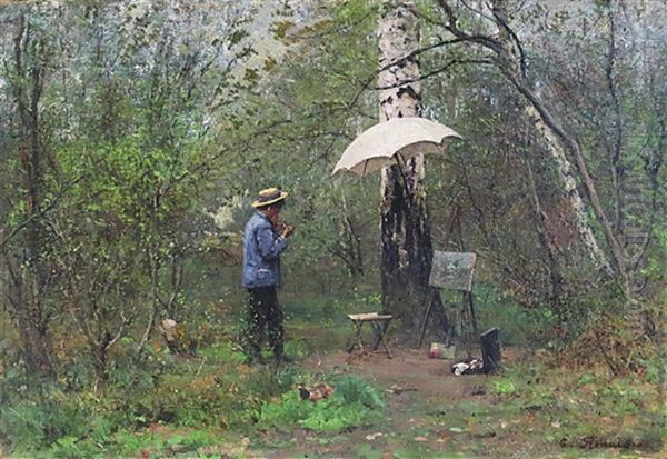 Le Jeune Peintre En Foret Oil Painting by Emile Renard