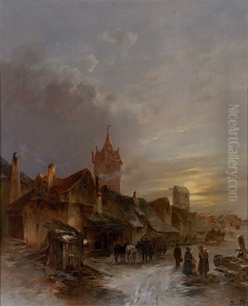 Mittelalterliches Stadtchen Bei Abendlicher Beleuchtung An Einem Wintertag Oil Painting by Emile Renard