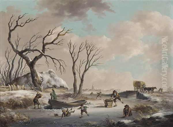 Winter Landscape With Skaters Oil Painting by Fredericus Theodorus Renard