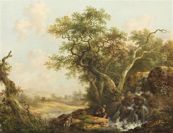 A Traveller And His Dog Resting Beside A Waterfall Oil Painting by Fredericus Theodorus Renard