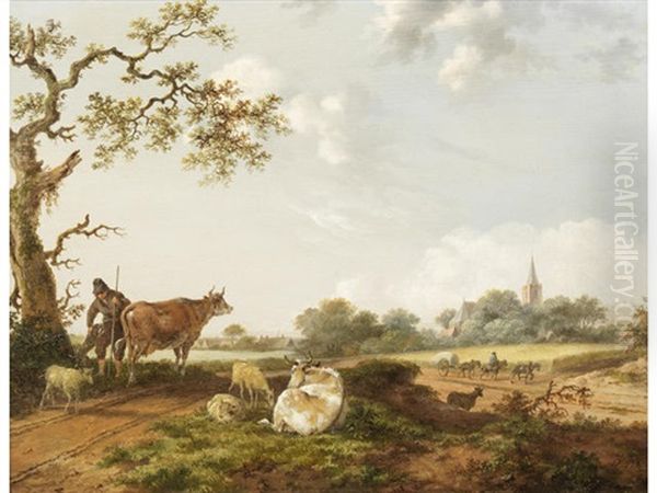 A Drover Resting With His Flock On A Country Path Oil Painting by Fredericus Theodorus Renard