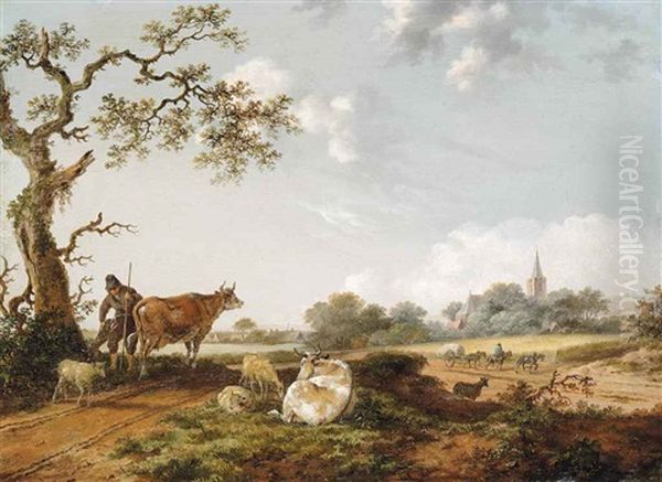 A Wooded Landscape With A Drover And His Herd Of Cows And Sheep, A Horse-drawn Cart Before A Wheatfield, A Town And A Church Beyond Oil Painting by Fredericus Theodorus Renard