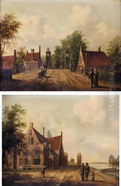 The Diemen Toll Gate At The Outerwaler Bridge, Amsterdam (+ The Toll Gate At Sloterdijk, Amsterdam; Pair) Oil Painting by Fredericus Theodorus Renard