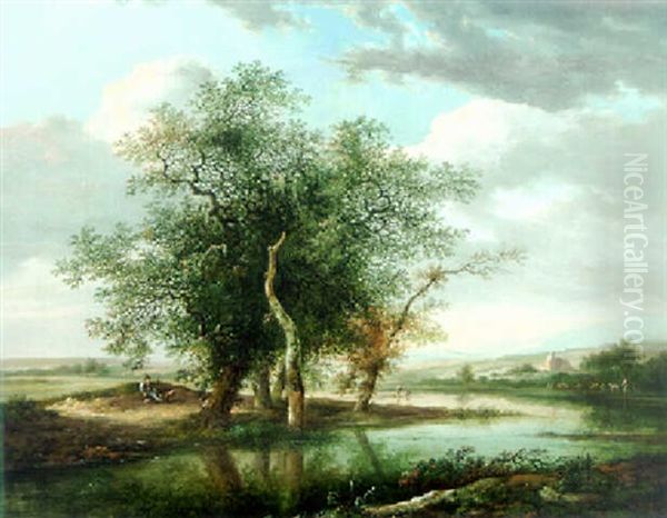 A River Landscape With A Traveller Resting By Trees, Anglers And A Shepherd Beyond Oil Painting by Fredericus Theodorus Renard