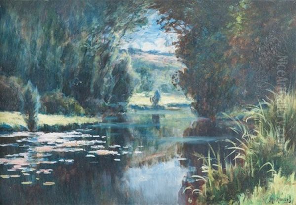 La Riviere Aux Nenuphars - (probablement La Sarthe) Oil Painting by Mary Renard