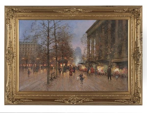 Parisian Street Scene With Flower Sellers Oil Painting by Paul Renard