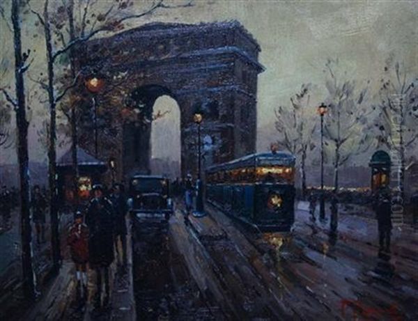 L'arc De Triomphe (+ Place De La Republique; 2 Works) Oil Painting by Paul Renard