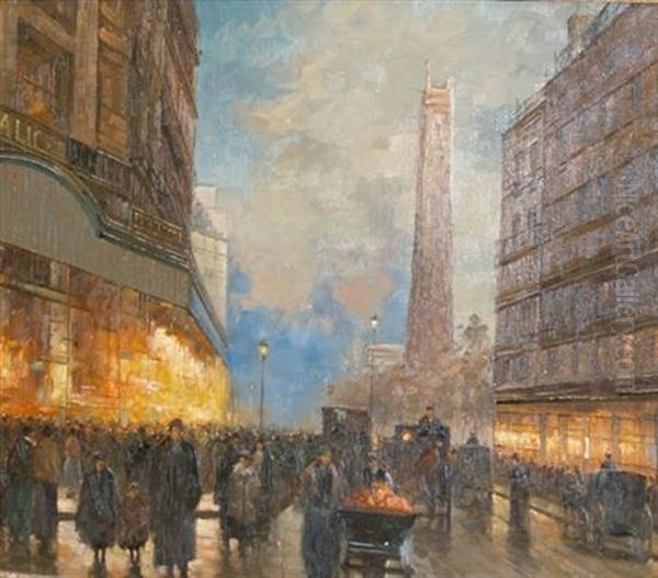 Paris Street Scene At Night Oil Painting by Paul Renard