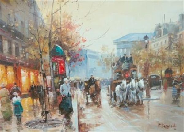 Bustling Parisian Street Scene Oil Painting by Paul Renard